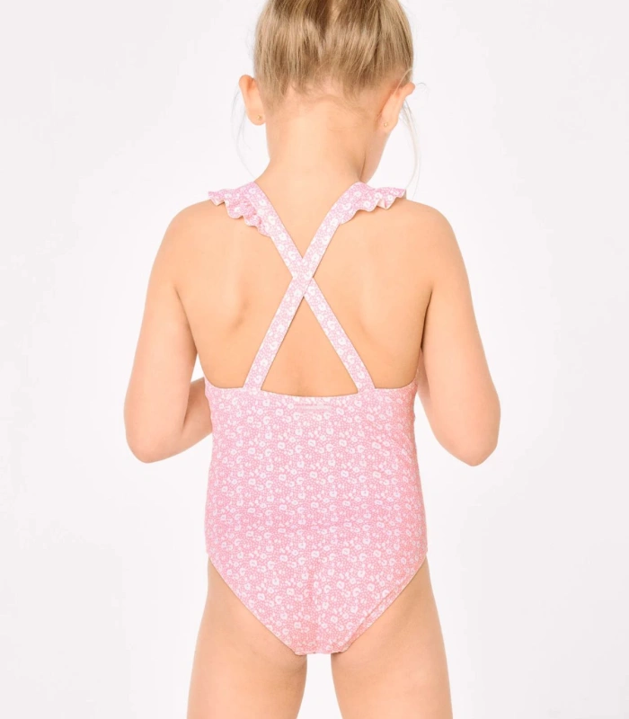 Bañador Niña Volantes Tirantes Cruzados Estampado Leopardo Rosa 95134 Ysabel Mora