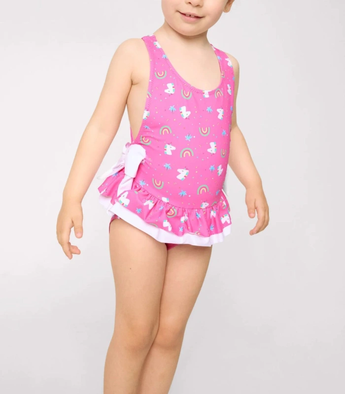 Bañador Niña Volantes Lazos Estampado Unicornios Rosa 95138 Ysabel Mora