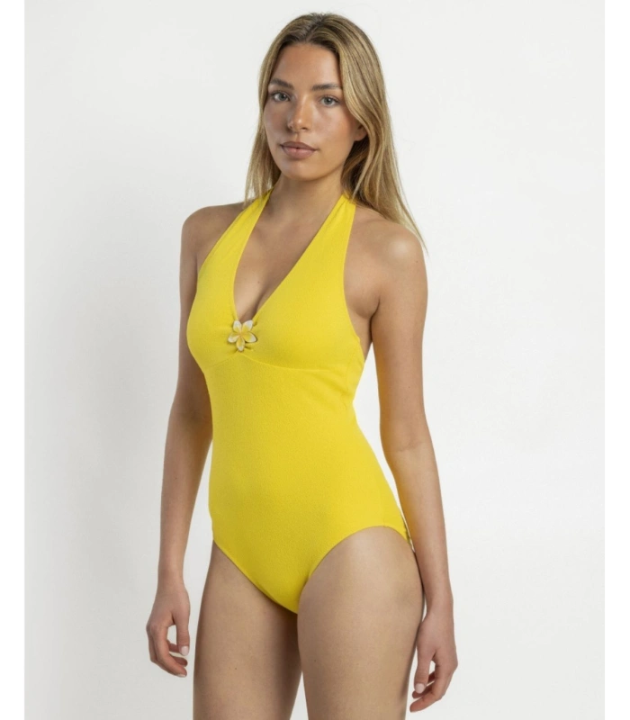 Bañador para Mujer ADMAS Halter Escote en V con Detalles Decorativos, Color Amarillo