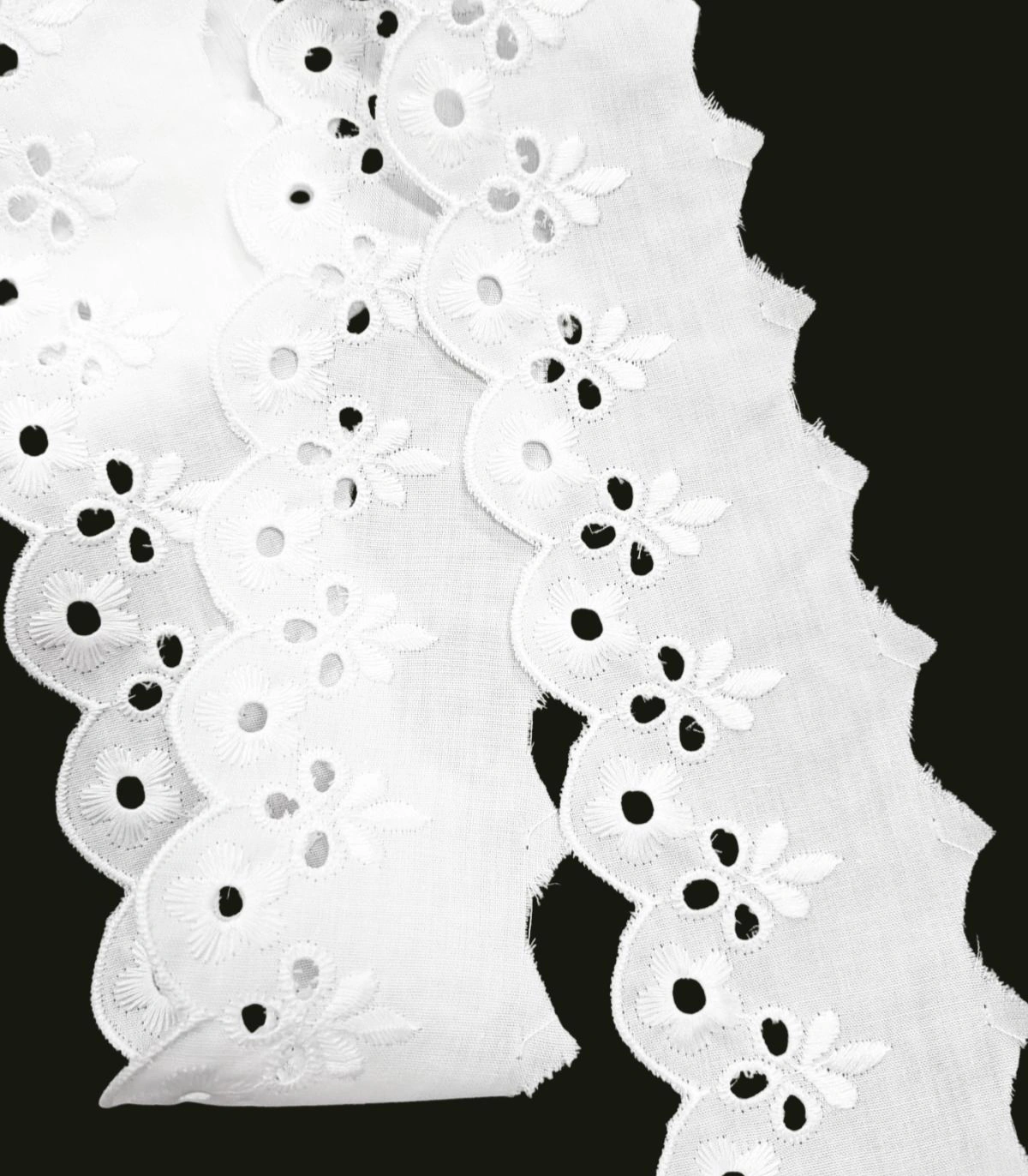 Tira Bordada Blanca de 5 cm con Bordado Floral Calado y Ondas Festoneadas- Ref. 29017