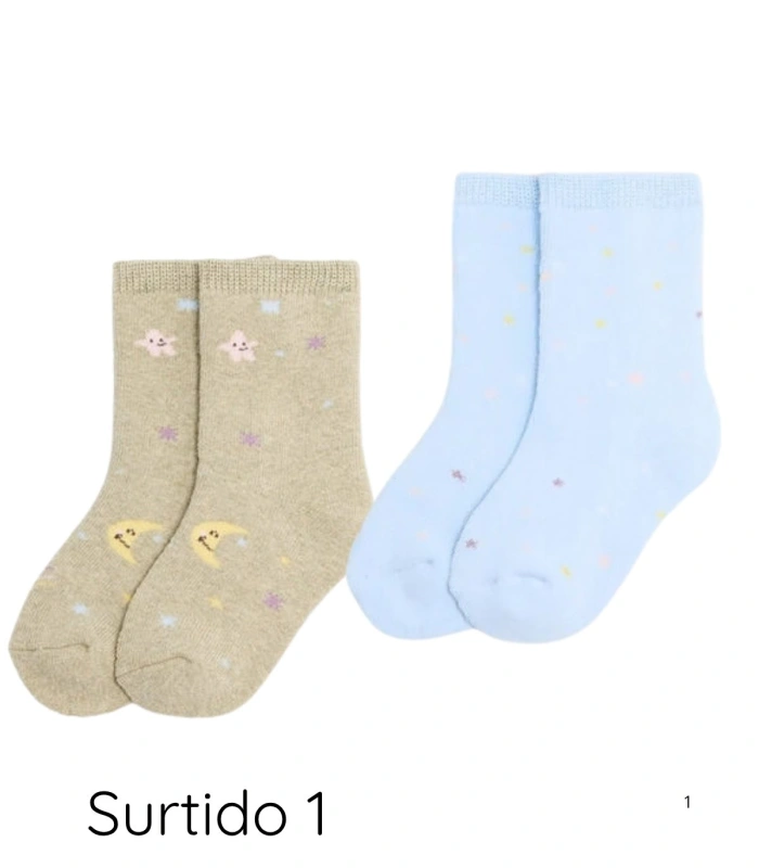 Pack de 2 Pares de Calcetines de Bebé Térmicos Estampado Lunas y Estrellas Ysabel Mora