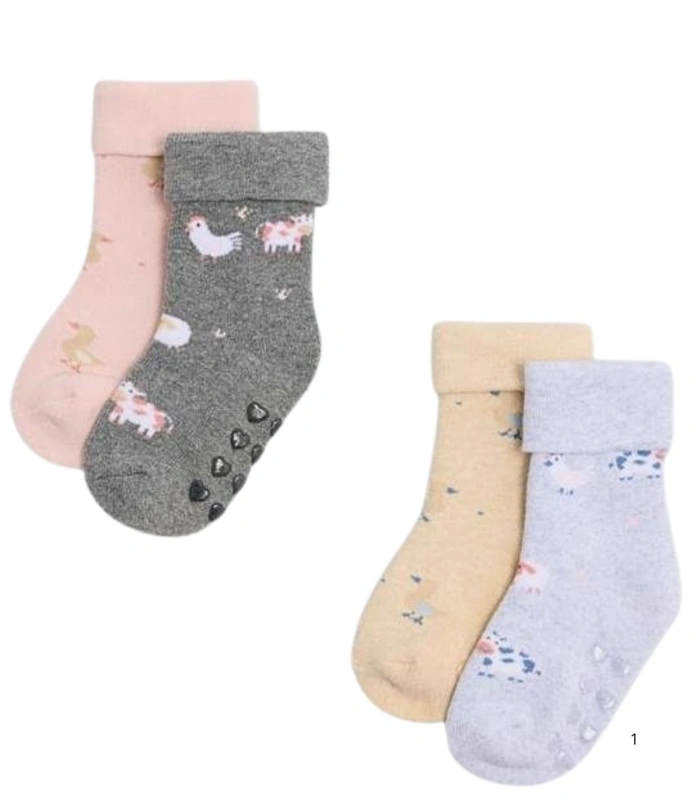 Pack de 2 Calcetines de Bebé Térmicos Antideslizantes con Doble Puño de Algodón Estampado Vacas y Patos Ysabel Mora