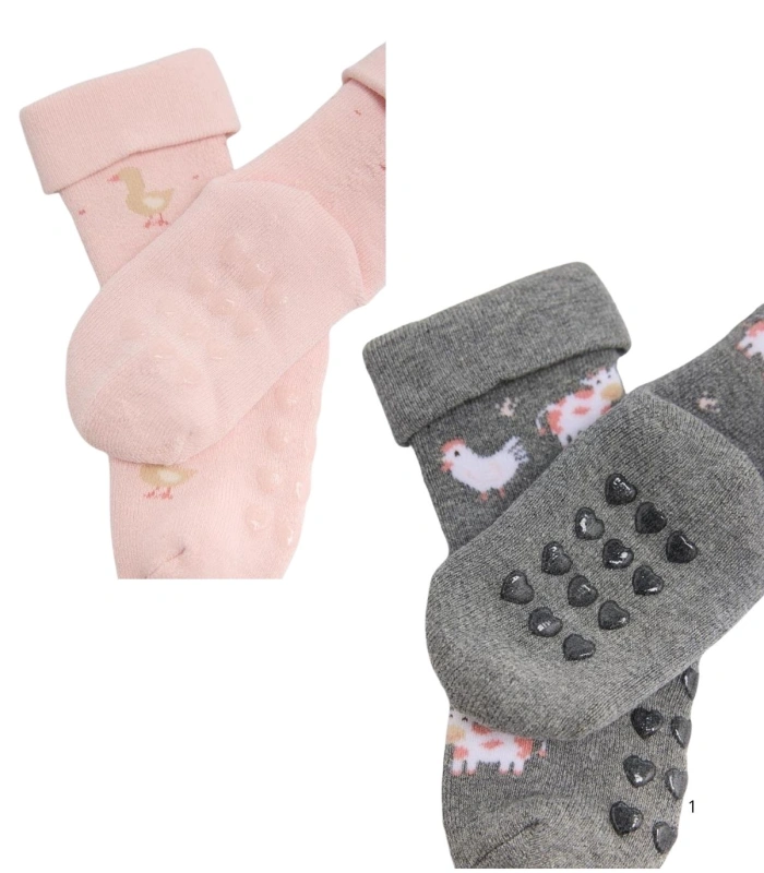 Pack de 2 Calcetines de Bebé Térmicos Antideslizantes con Doble Puño de Algodón Estampado Vacas y Patos Ysabel Mora