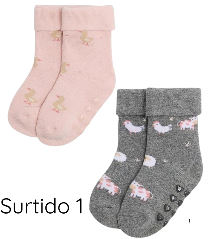 Pack de 2 Calcetines de Bebé Térmicos Antideslizantes con Doble Puño de Algodón Estampado Vacas y Patos Ysabel Mora