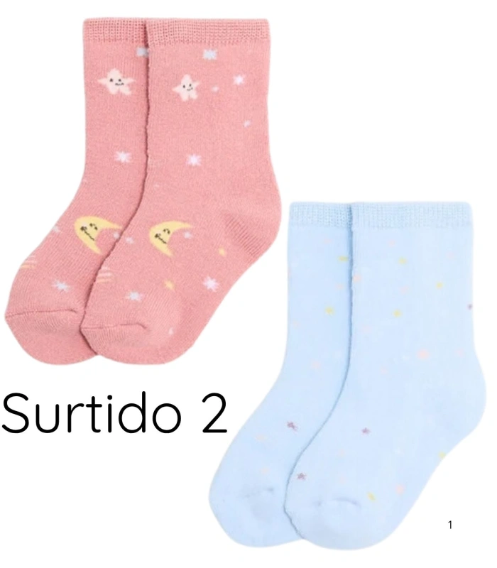 Pack de 2 Pares de Calcetines de Bebé Térmicos Estampado Lunas y Estrellas Ysabel Mora