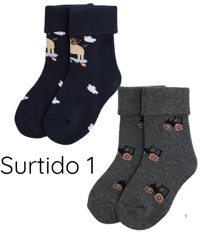 Pack de 2 Calcetines de Bebé Térmicos de Algodón con Estampado de Tractores y Cerditos Ysabel Mora