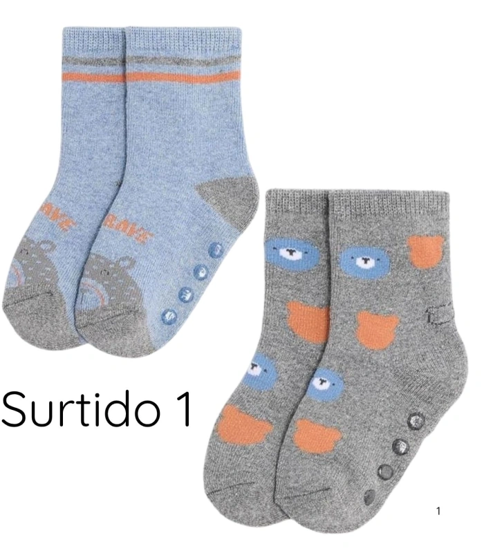 Pack de 2 Calcetines de Bebé Térmicos Antideslizantes de Algodón Estampado con Osos Ysabel Mora