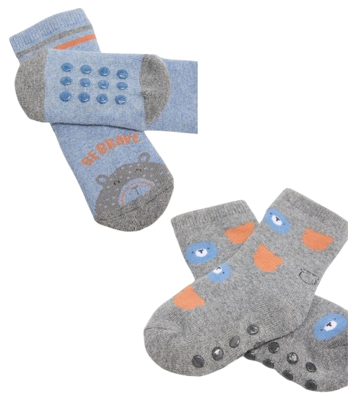 Pack de 2 Calcetines de Bebé Térmicos Antideslizantes de Algodón Estampado con Osos Ysabel Mora