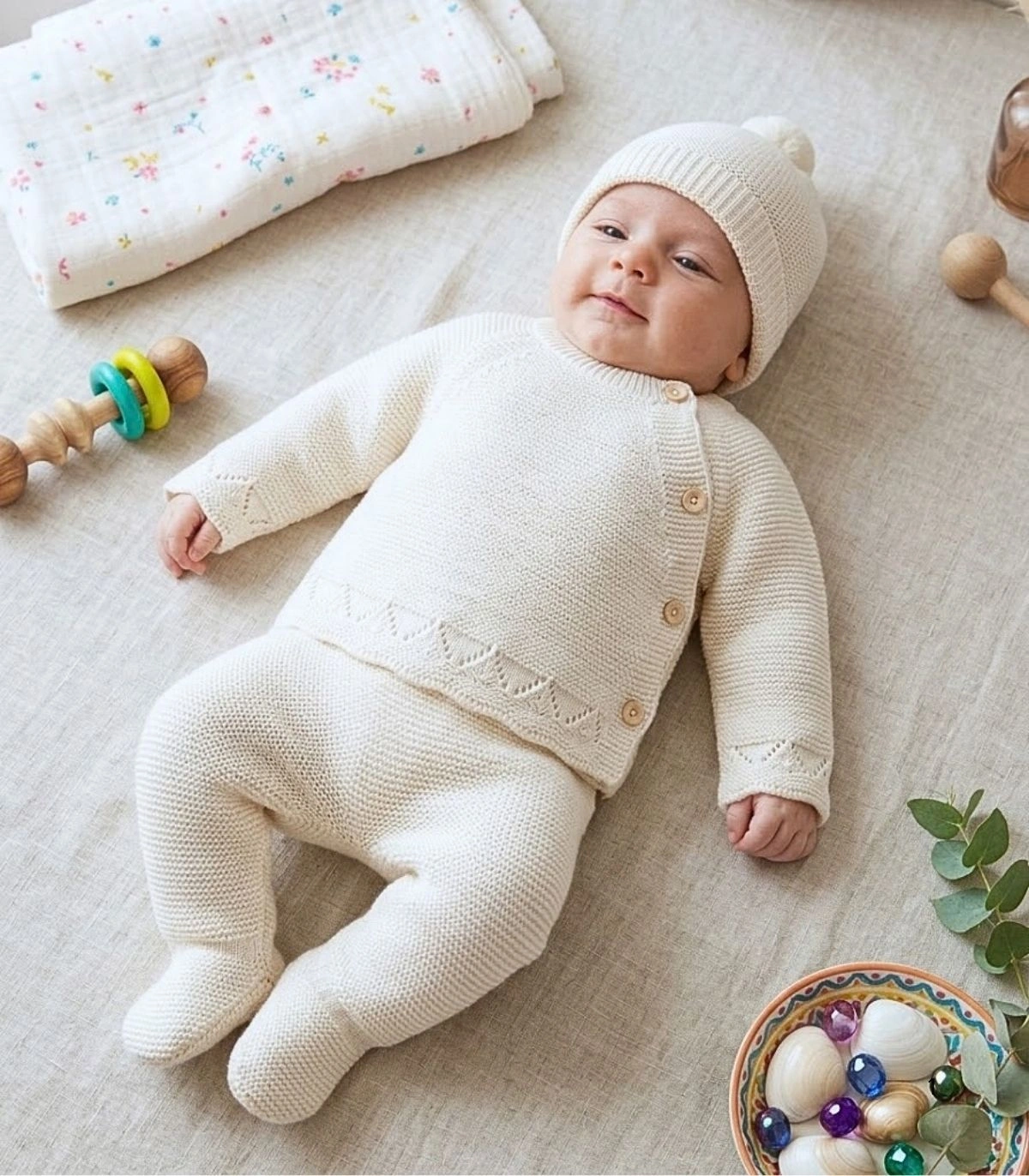 Conjunto de Bebé de Lana de 3 Piezas en Color Marfil Marca Baby C2015