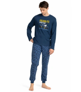 Pijama Hombre Peanuts Speed Club Azul Marino Manga Larga 100 % Algodón