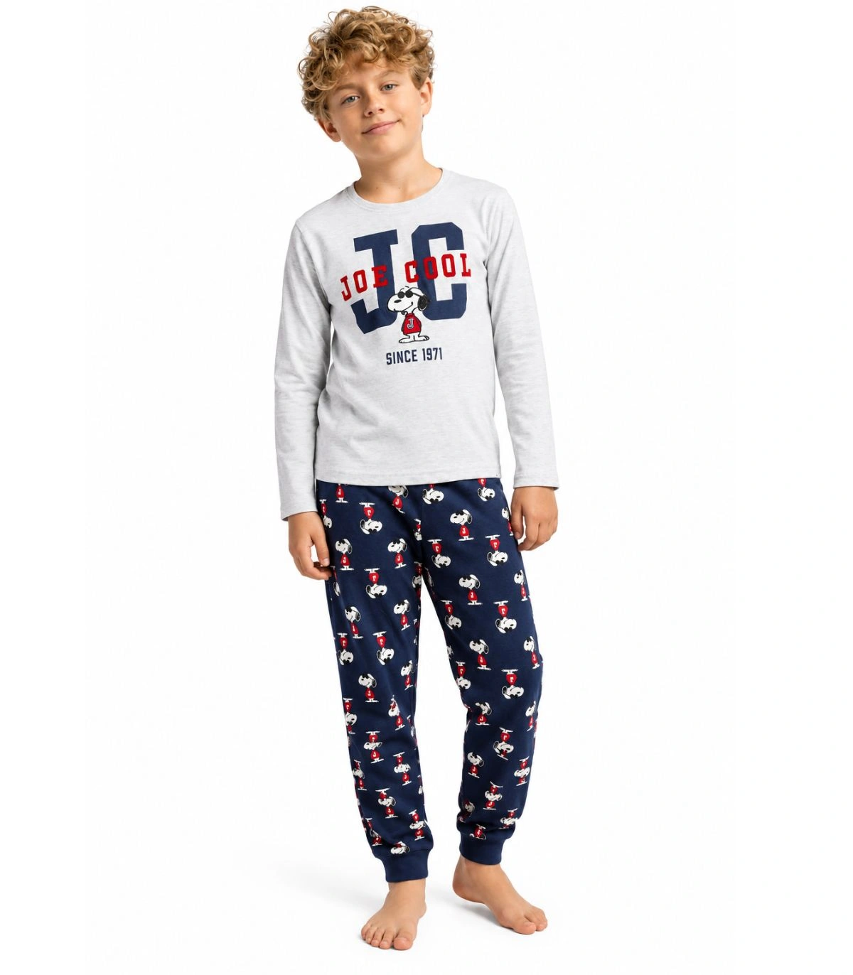 Pijama Niño Peanuts Joe Cool Gris Jaspe y Marino Manga Larga