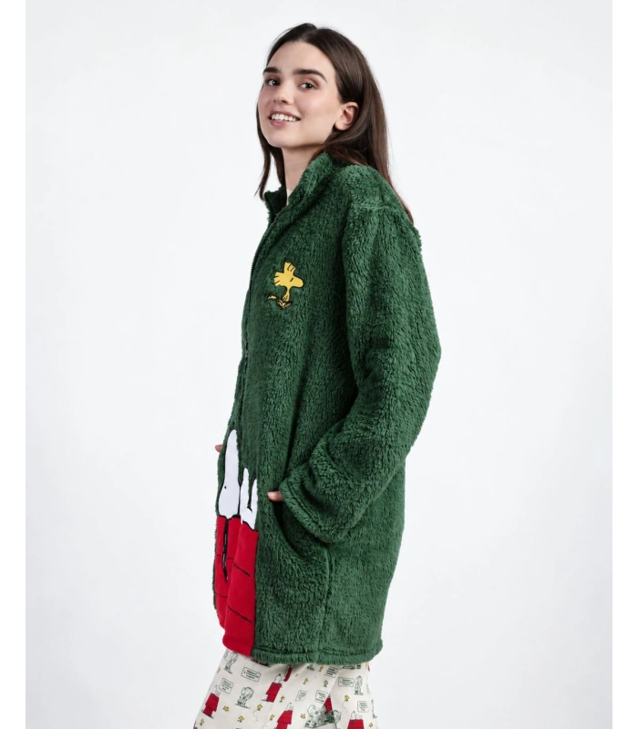 Bata Mujer Polar Classic Peanuts Verde Manga Larga con Cremallera