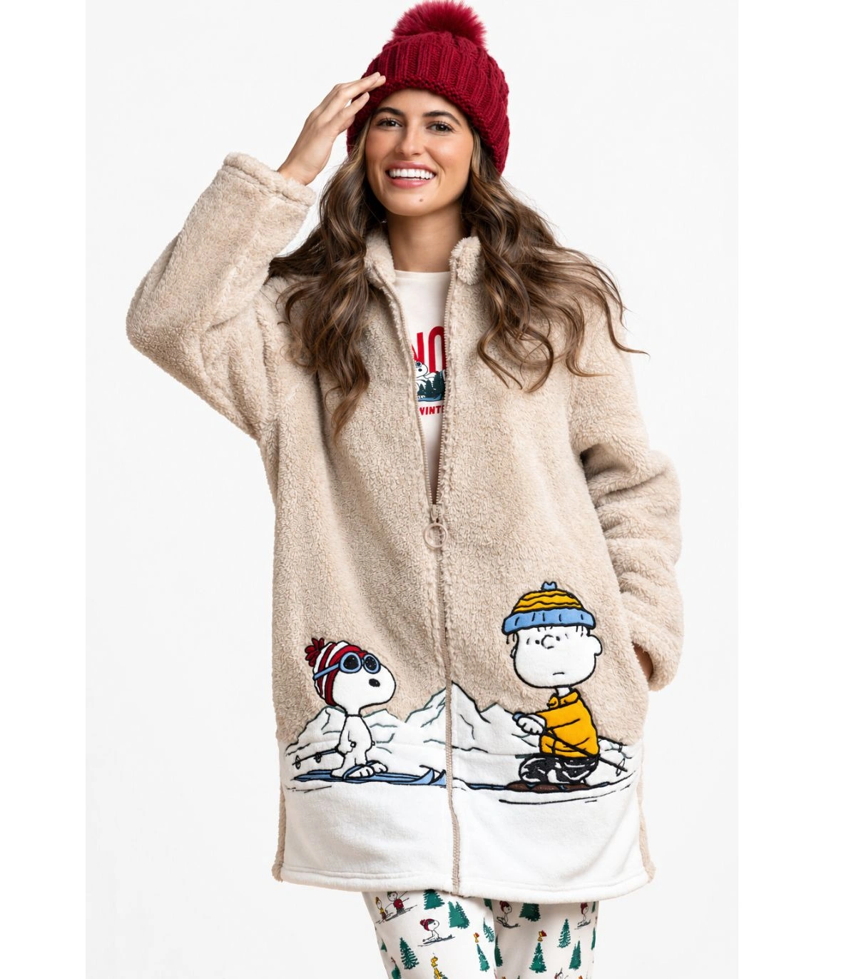 Bata Mujer Polar Snoopy Mountain Peanuts Beige con Cremallera
