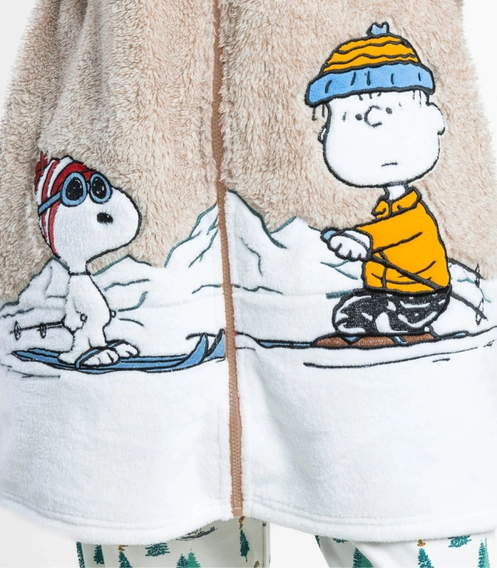 Bata Mujer Polar Snoopy Mountain Peanuts Beige con Cremallera