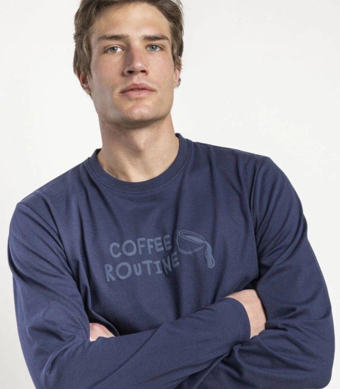 Pijama Hombre Stay at Home Coffee Routine Marino Manga Larga