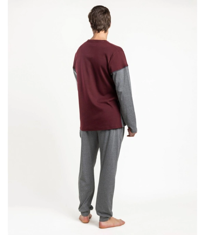Pijama Hombre Stay at Home Tired Mood Burdeos y Gris Manga Larga