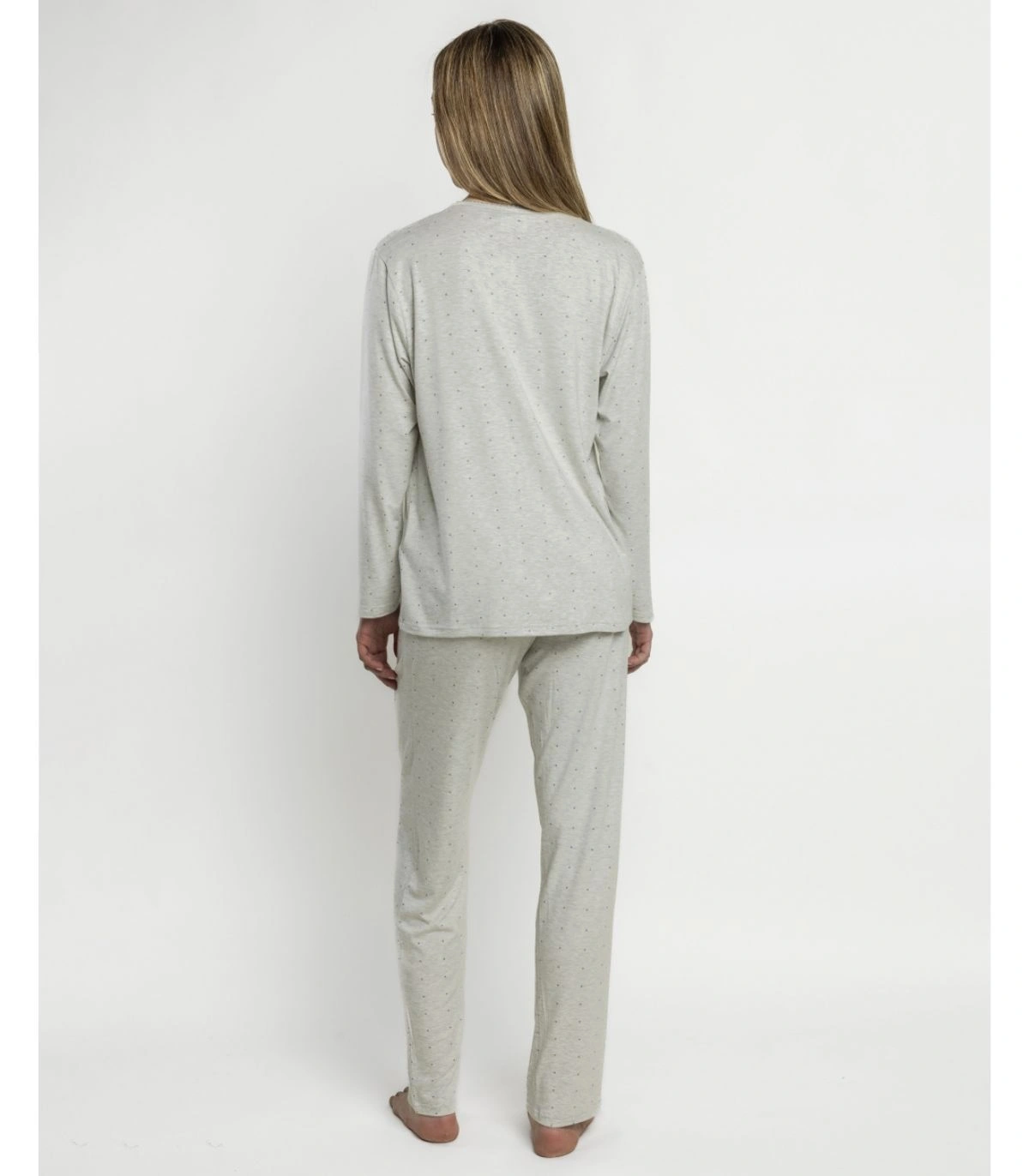 Pijama Mujer Admas Classic Small Grey Dots Gris Jaspeado Abierto Manga Larga