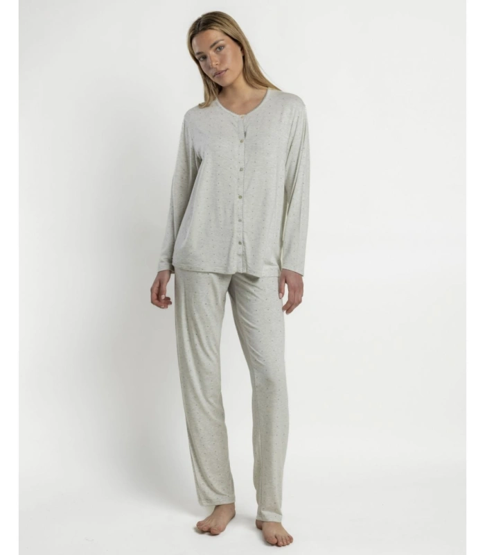 Pijama Mujer Admas Classic Small Grey Dots Gris Jaspeado Abierto Manga Larga