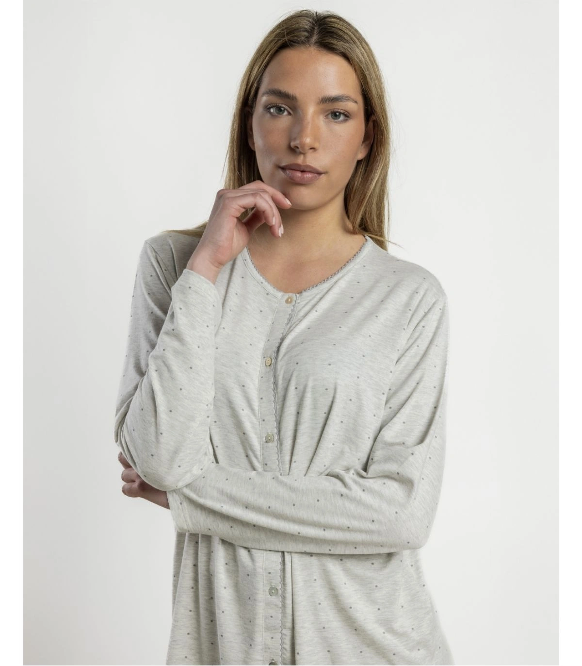 Pijama Mujer Admas Classic Small Grey Dots Gris Jaspeado Abierto Manga Larga