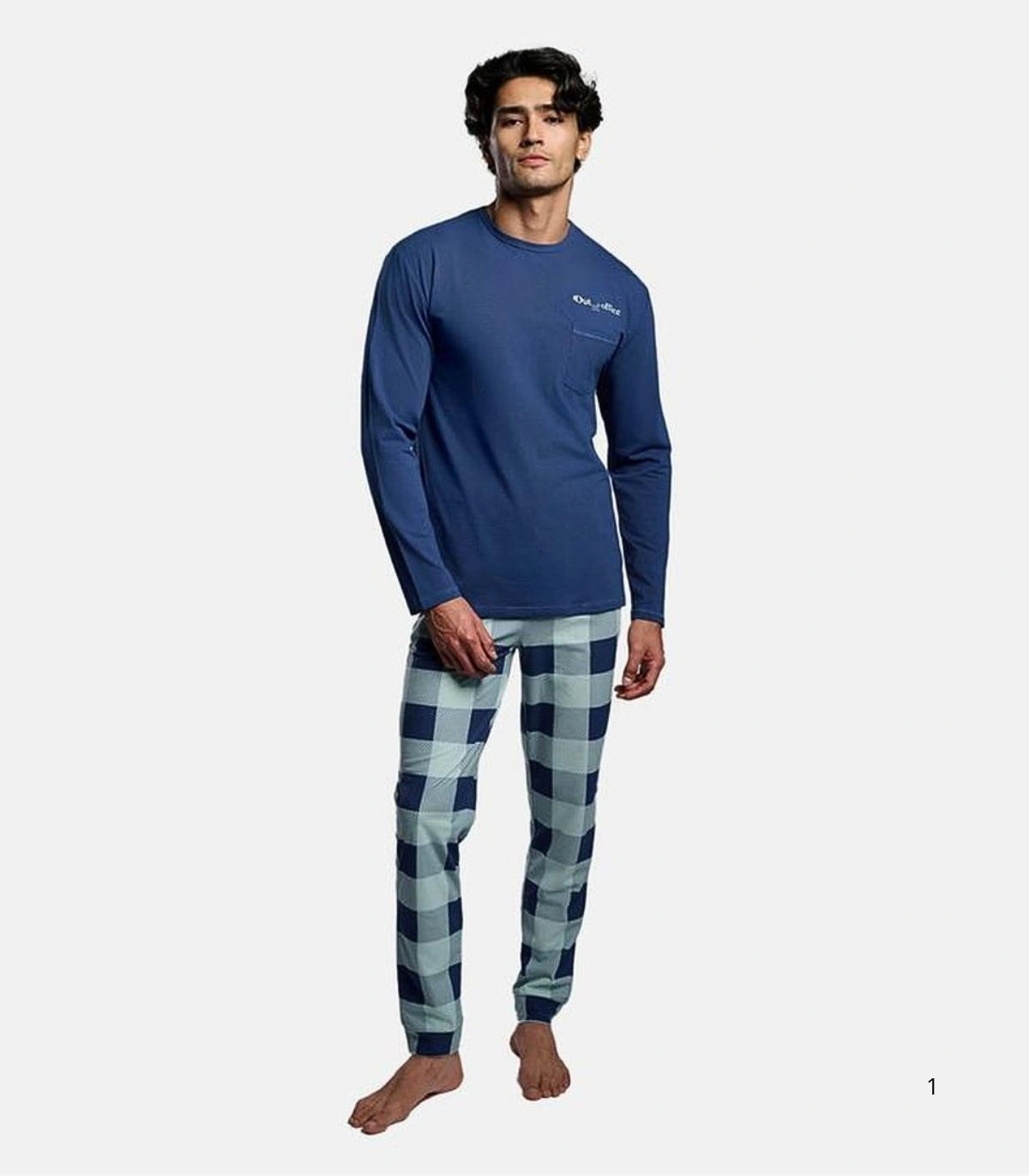 Pijama Largo de Hombre en Algodón con Camiseta Azul y Pantalón Extrasuave Ysabel Mora 26452
