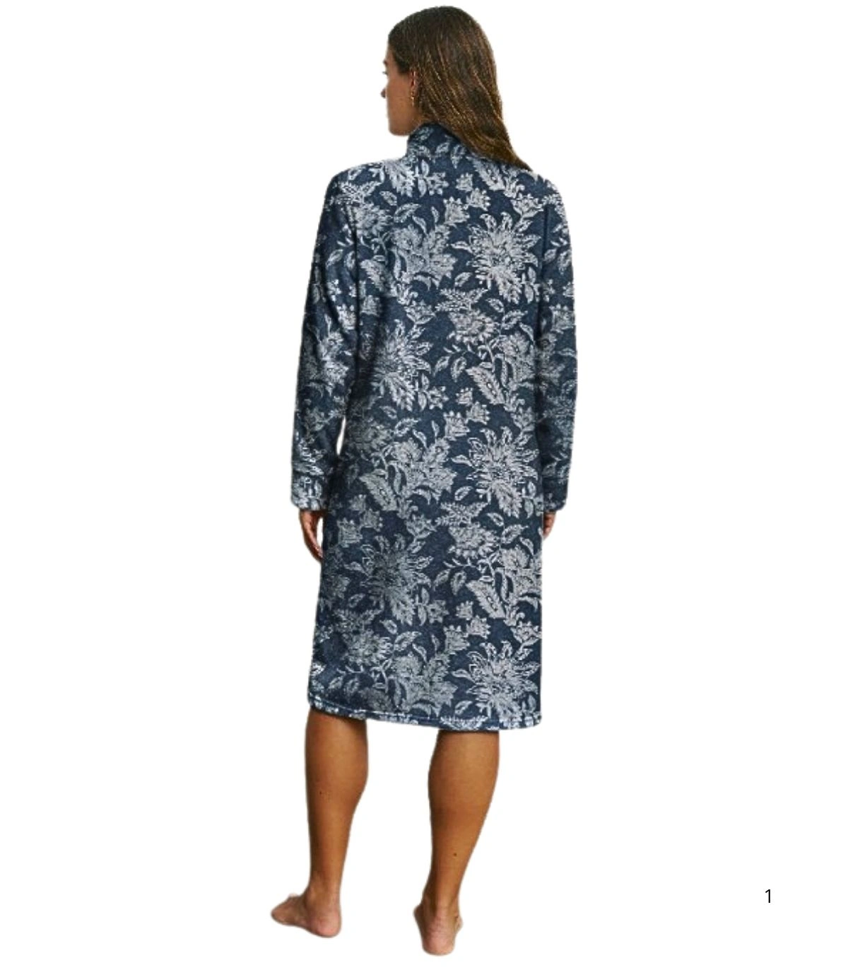 Bata de Mujer en Coralina Ultrasuave con Cuello Mao y Estampado de Hojas Azul Marino Promise N22344