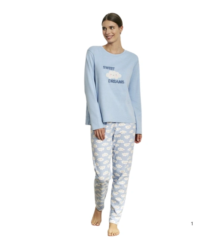 Pijama Largo de Muje en Algodón "Sweet Dreams" Azul Celeste Promise N21882